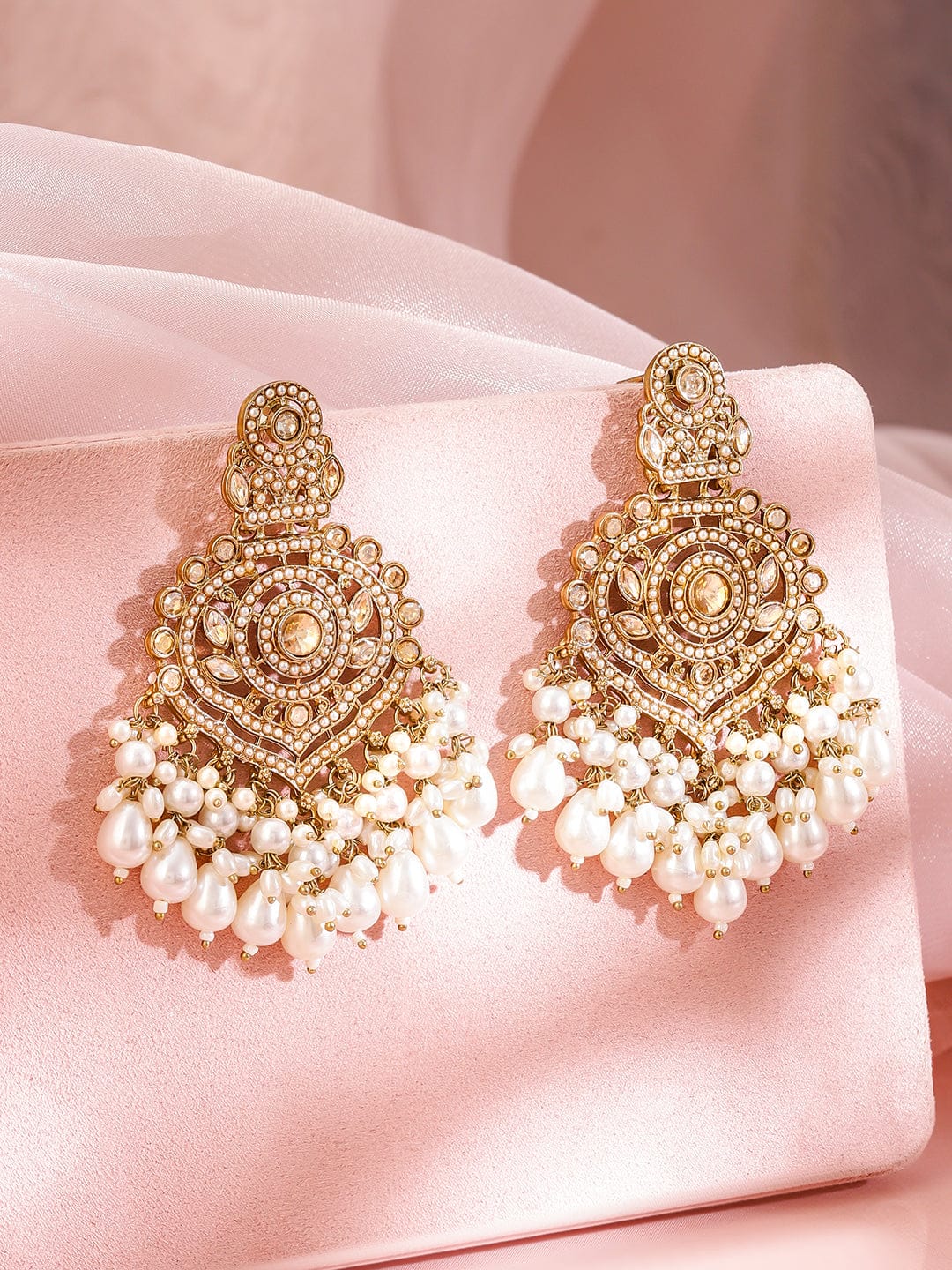 Lustrous American Diamond Zirconia Pearl Studded Chandbali Gold