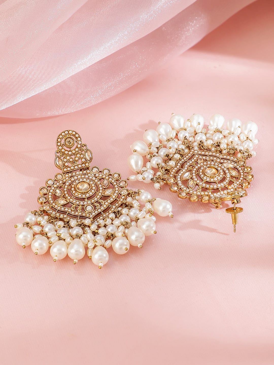 Lustrous American Diamond Zirconia Pearl Studded Chandbali Gold