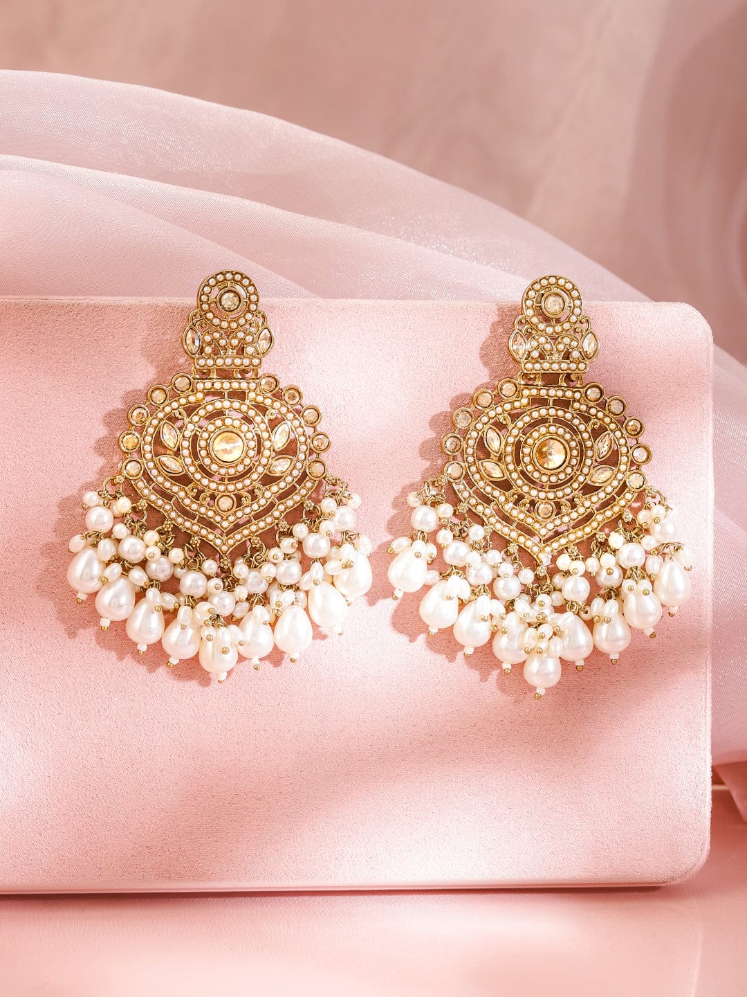 Lustrous American Diamond Zirconia Pearl Studded Chandbali Gold
