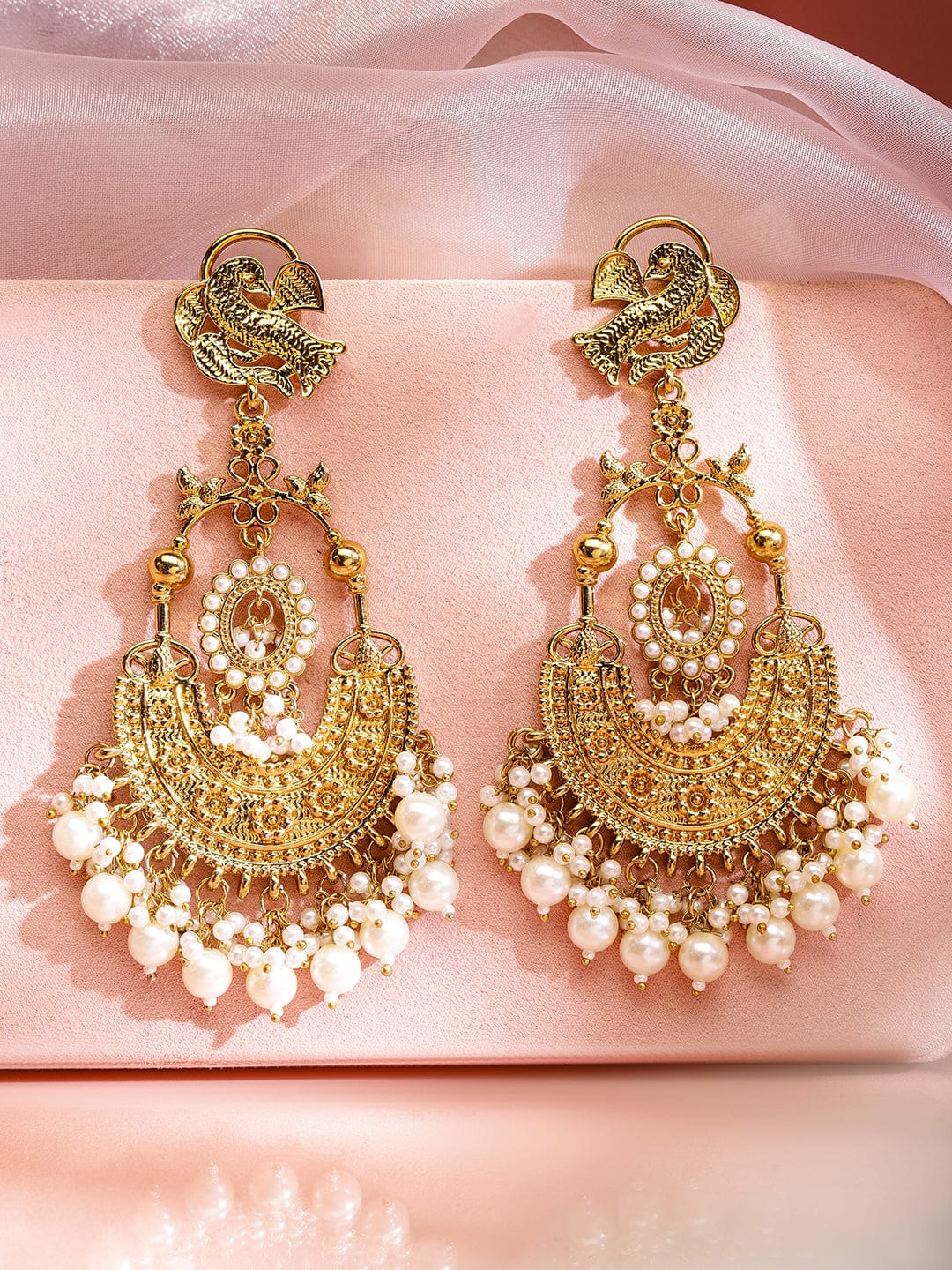Rubans 18K Gold-Plated Large Chandbali Earrings with Pearl Beaded Accents Gold