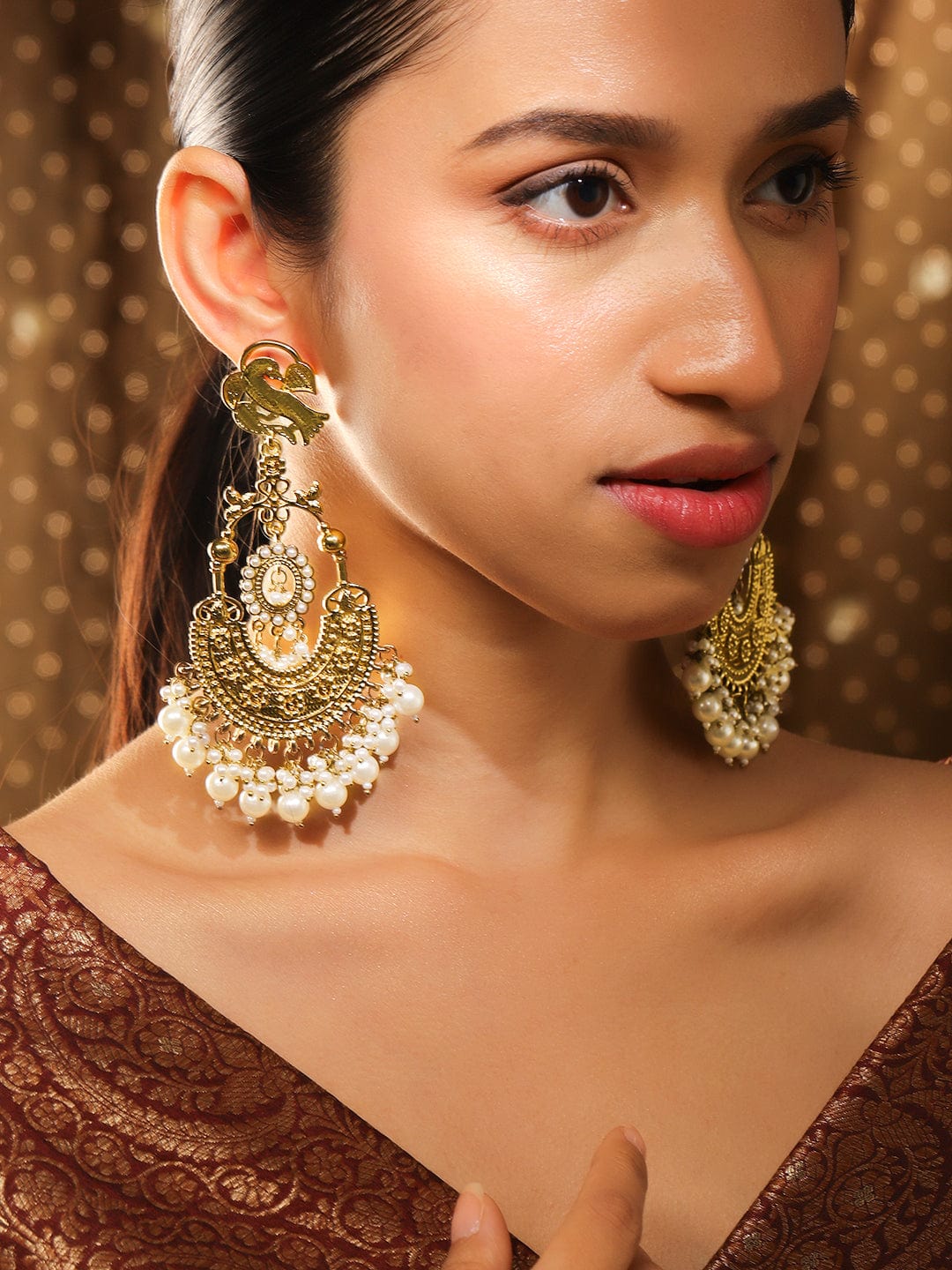 Rubans 18K Gold-Plated Large Chandbali Earrings with Pearl Beaded Accents Gold