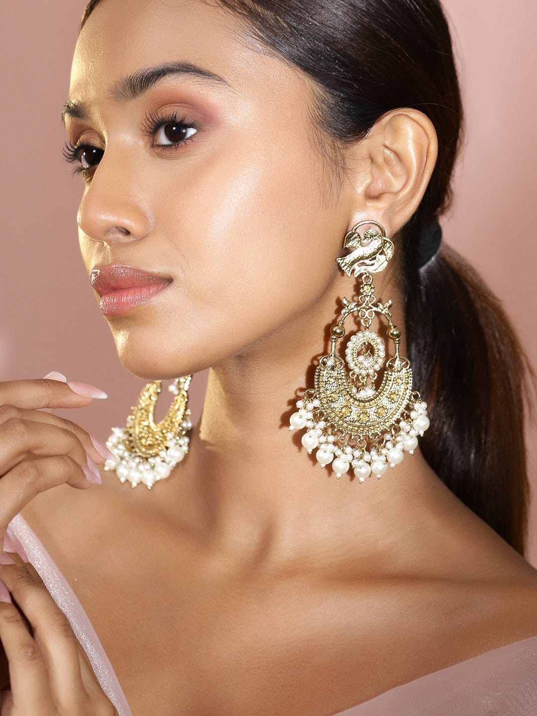 Rubans 18K Gold-Plated Large Chandbali Earrings with Pearl Beaded Accents Magenta