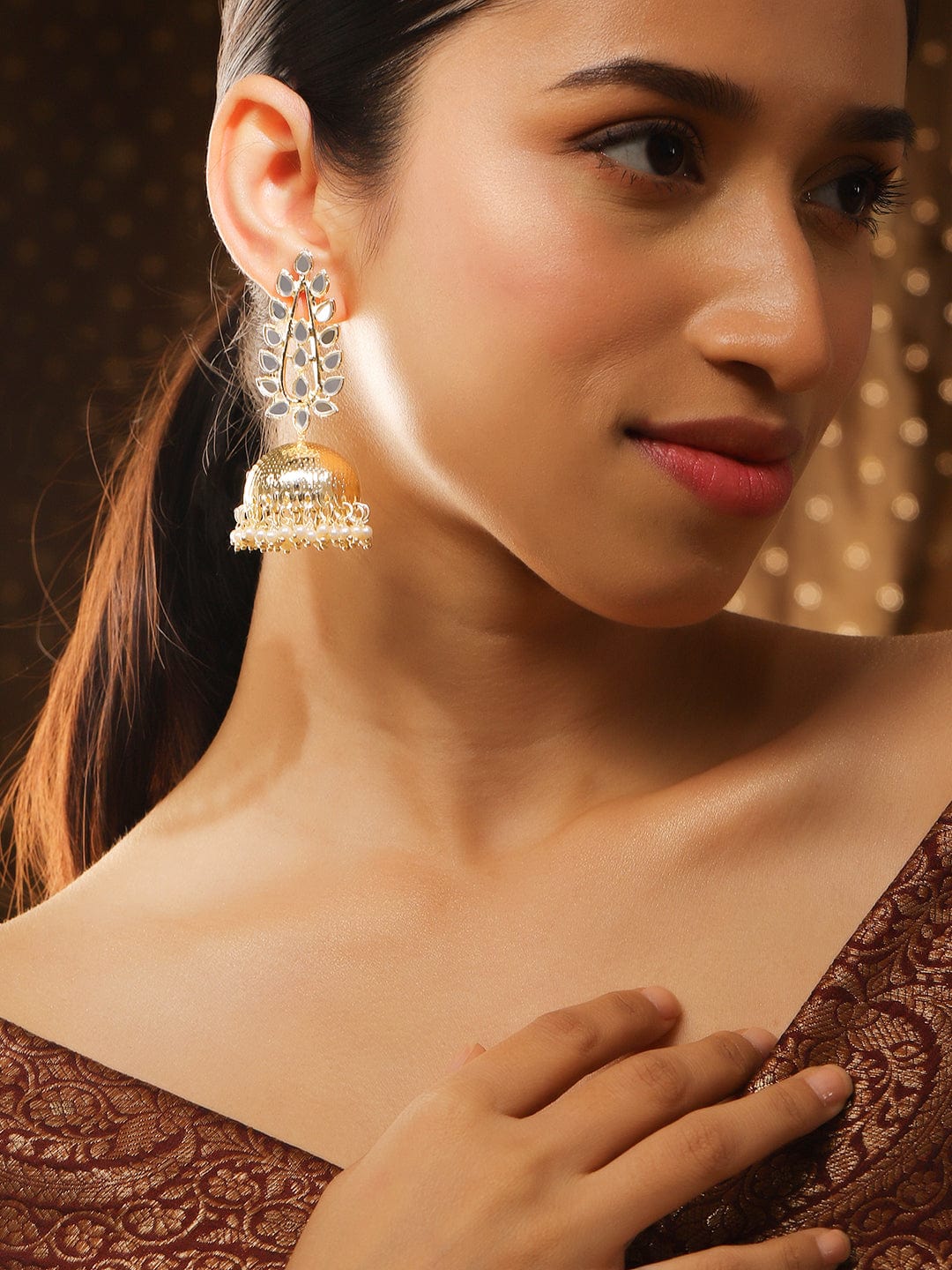 Artisan Mirror & Pearl Jhumka フリーサイズ