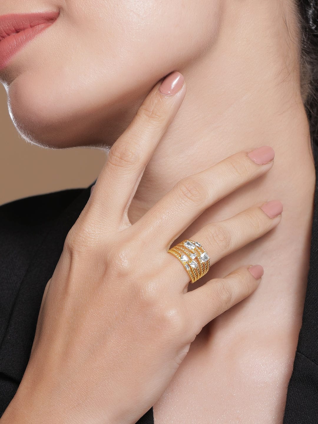 【Rubans】 Gold Toned American Diamond Zirconia Studded Ring｜ゴールドトーン アメリカンダイヤモンド ジルコニア マルチレイヤー アジャスタブルリング