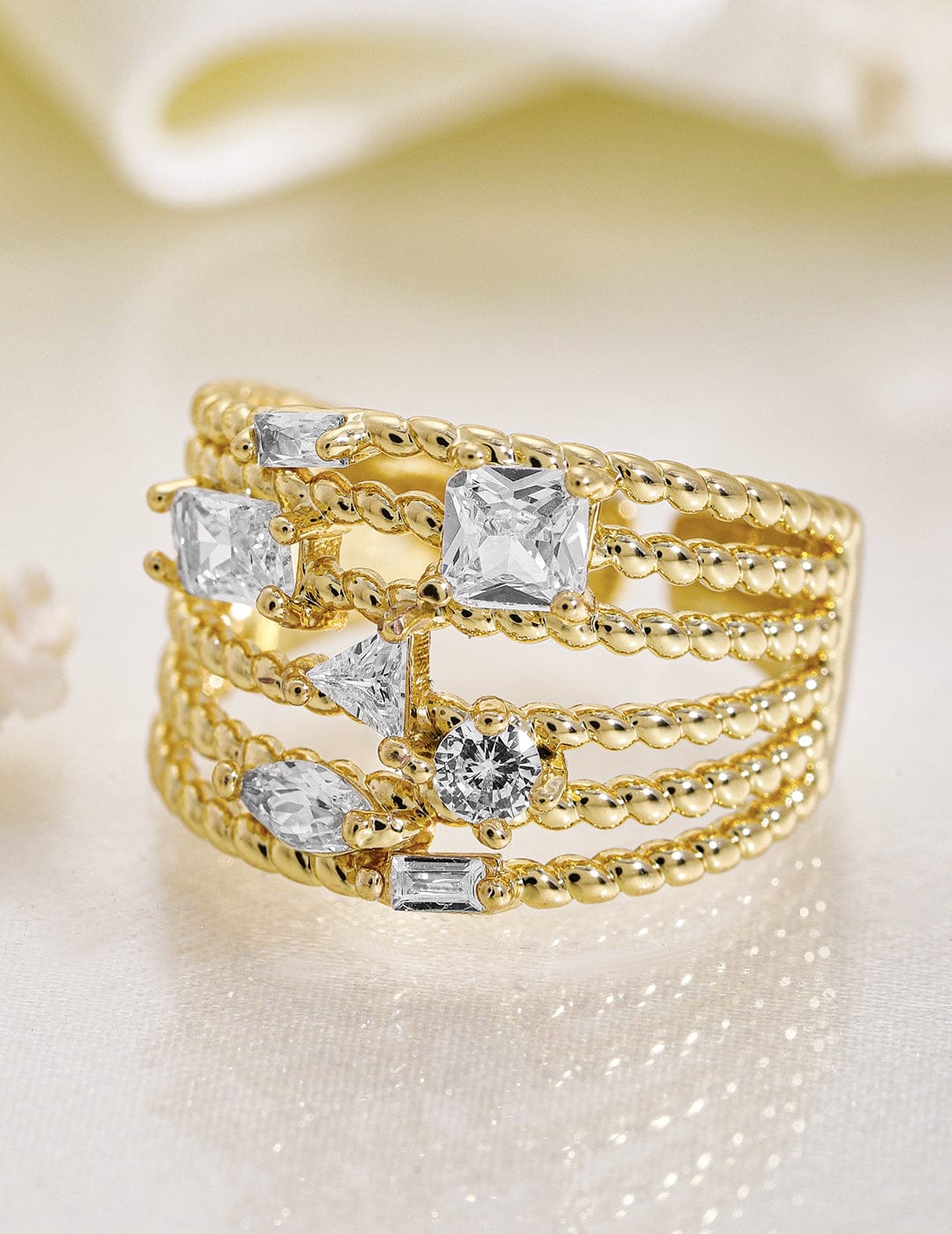 【Rubans】 Gold Toned American Diamond Zirconia Studded Ring｜ゴールドトーン アメリカンダイヤモンド ジルコニア マルチレイヤー アジャスタブルリング