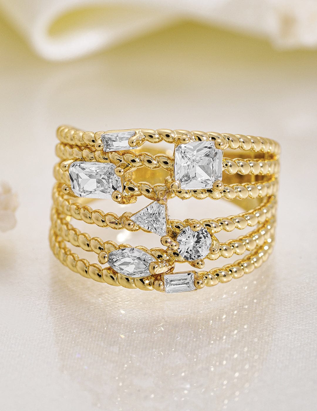 【Rubans】 Gold Toned American Diamond Zirconia Studded Ring｜ゴールドトーン アメリカンダイヤモンド ジルコニア マルチレイヤー アジャスタブルリング