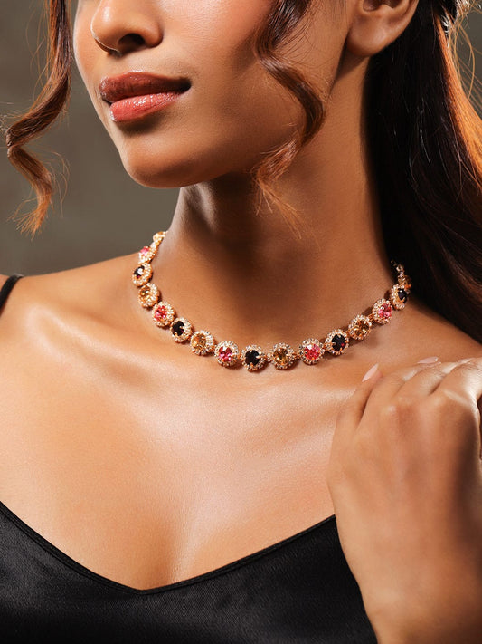 Radiant Multicolour American Diamond Zirconia Studded Statement Necklace フリーサイズ