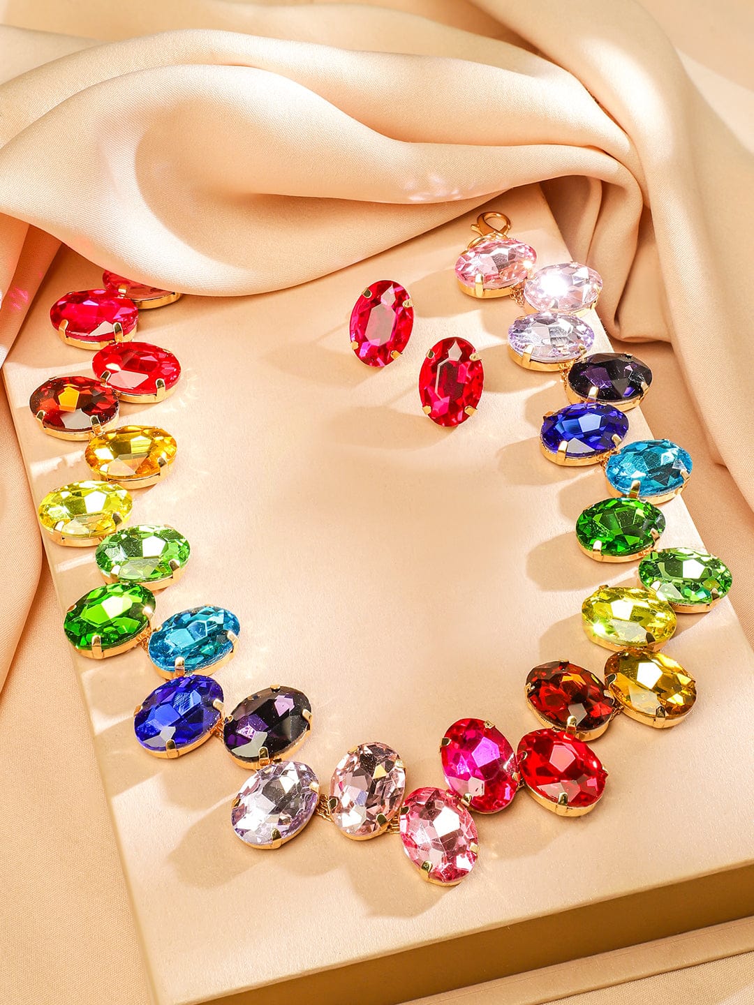 Multi Colored Crystal Necklace Set Gold
