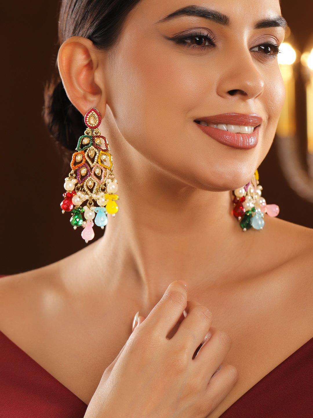 Colour Symphony Pearl Kundan Danglers フリーサイズ