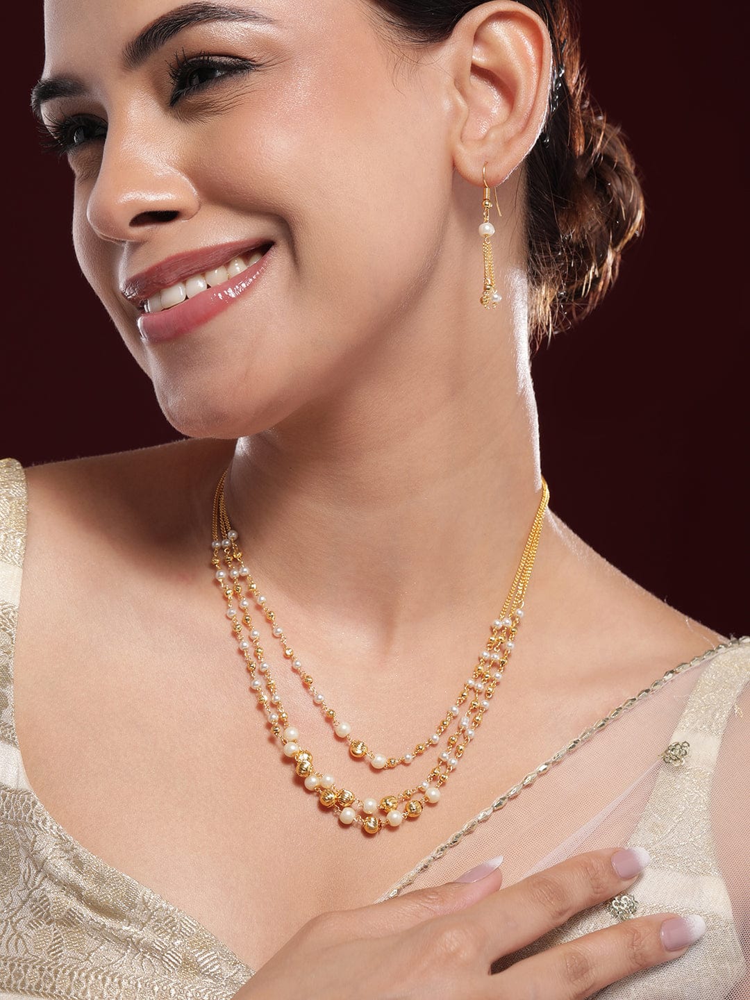 Triple Layered Pearl Beaded Necklace Set フリーサイズ