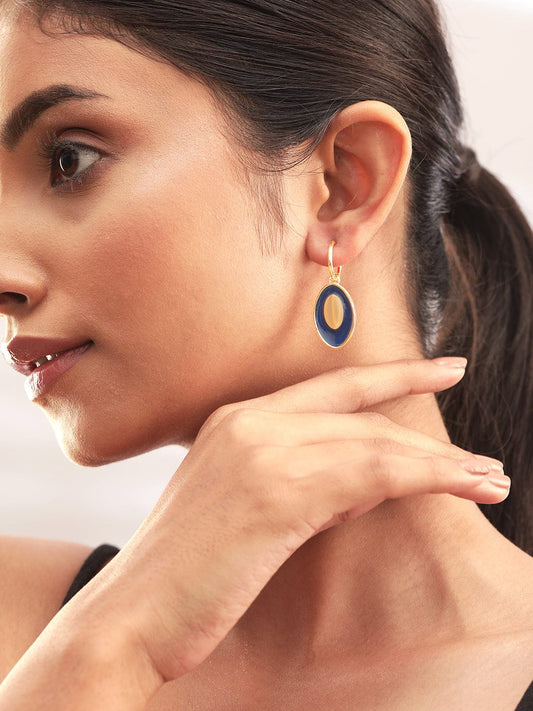 【Rubans】 18K Gold-Plated Oval Drop Earrings with Blue Enamel Accents｜18K ゴールドメッキ ブルーエナメル オーバル ドロップイヤリング