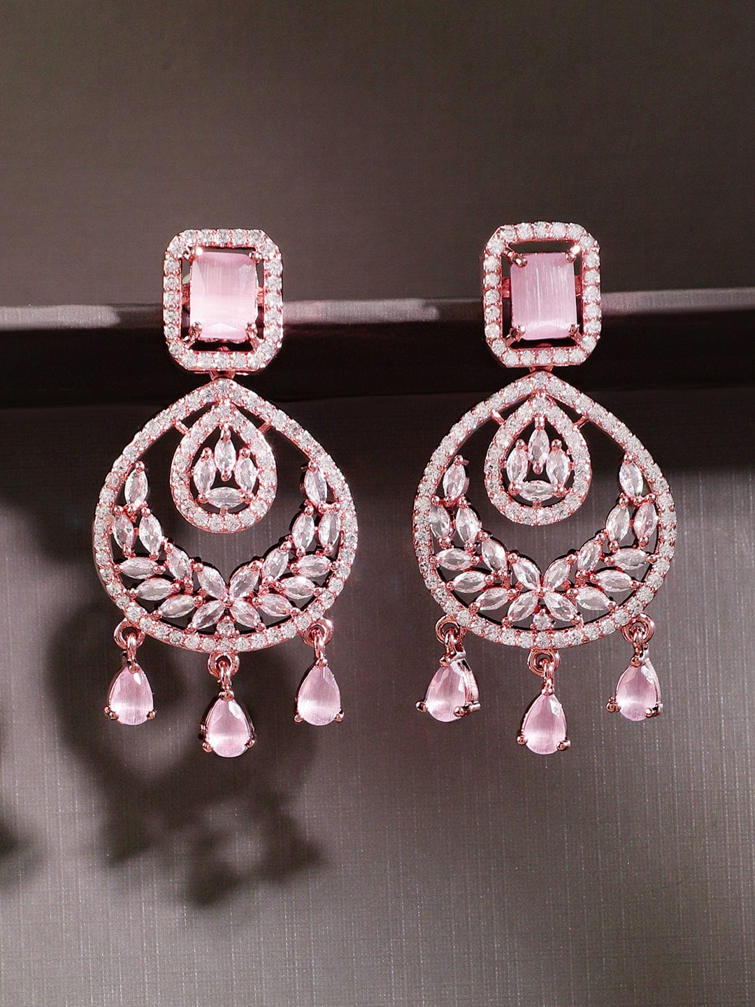 Rubans 18K Gold-Plated Pastel Pink AD & Cubic Zirconia Studded Chandelier Earrings Rose Gold