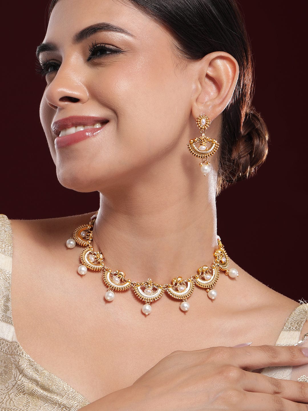 Golden Temple Necklace Set with Pearl Drops Gold