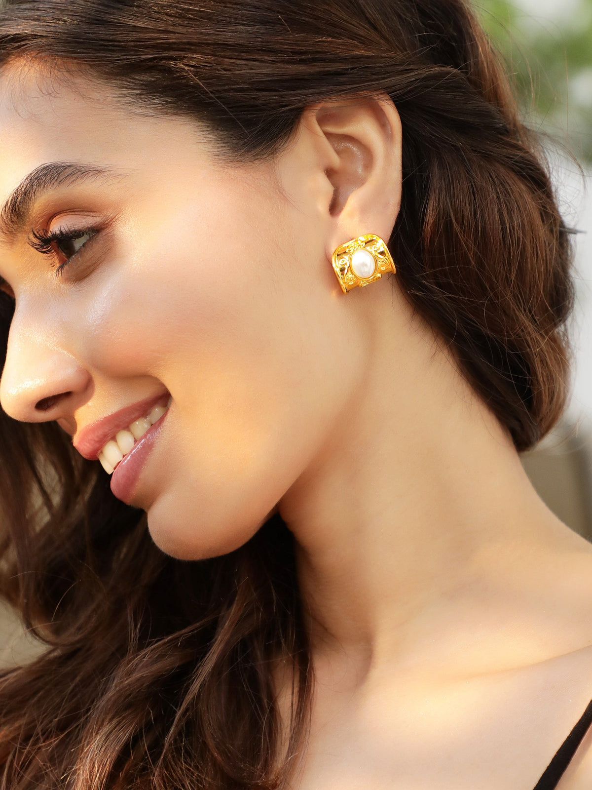 Gold Toned Pearl Studded Huggie Earrings Gold