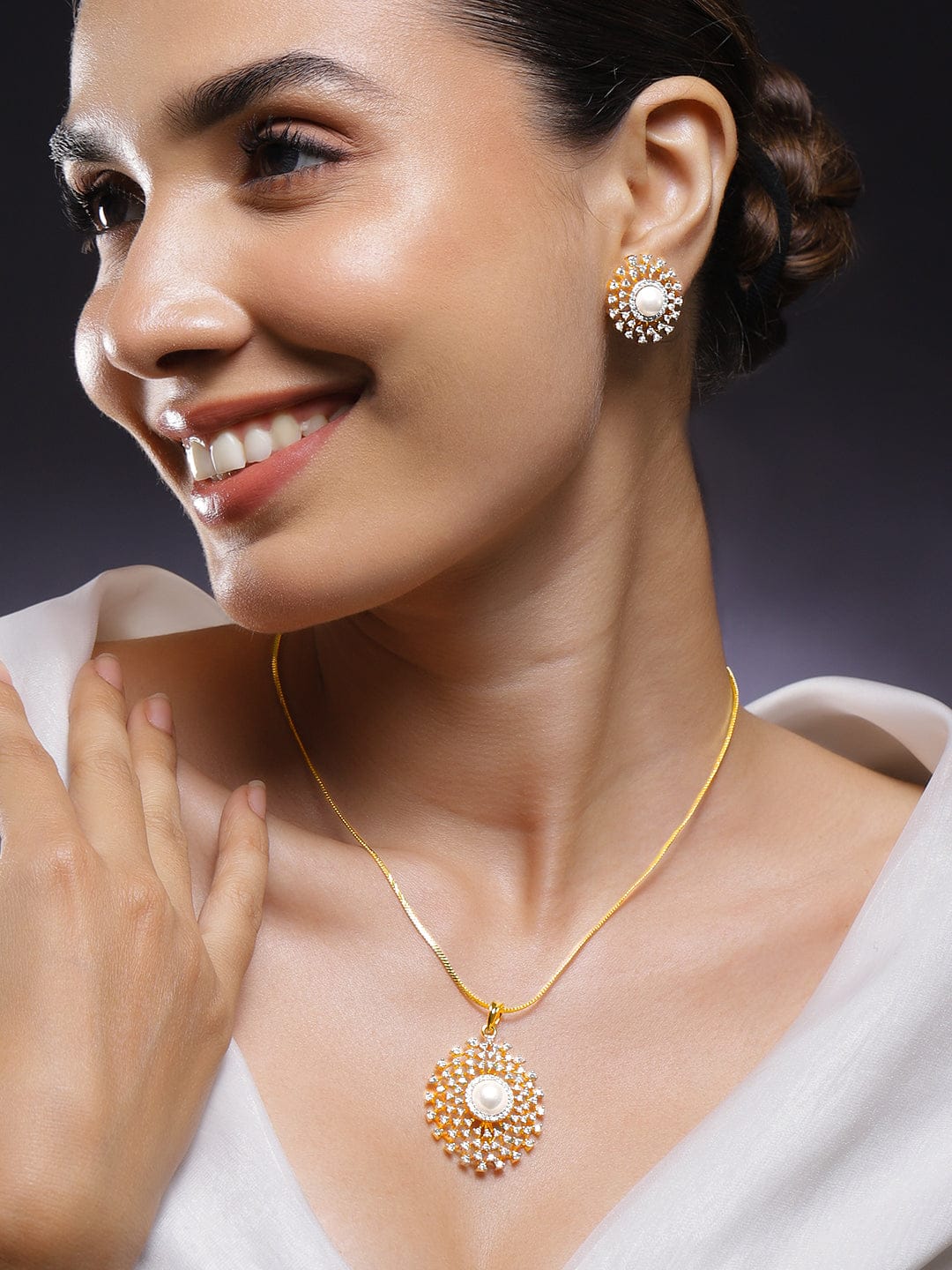 American Diamond Zirconia Pearl Beaded Necklace Set Design 1