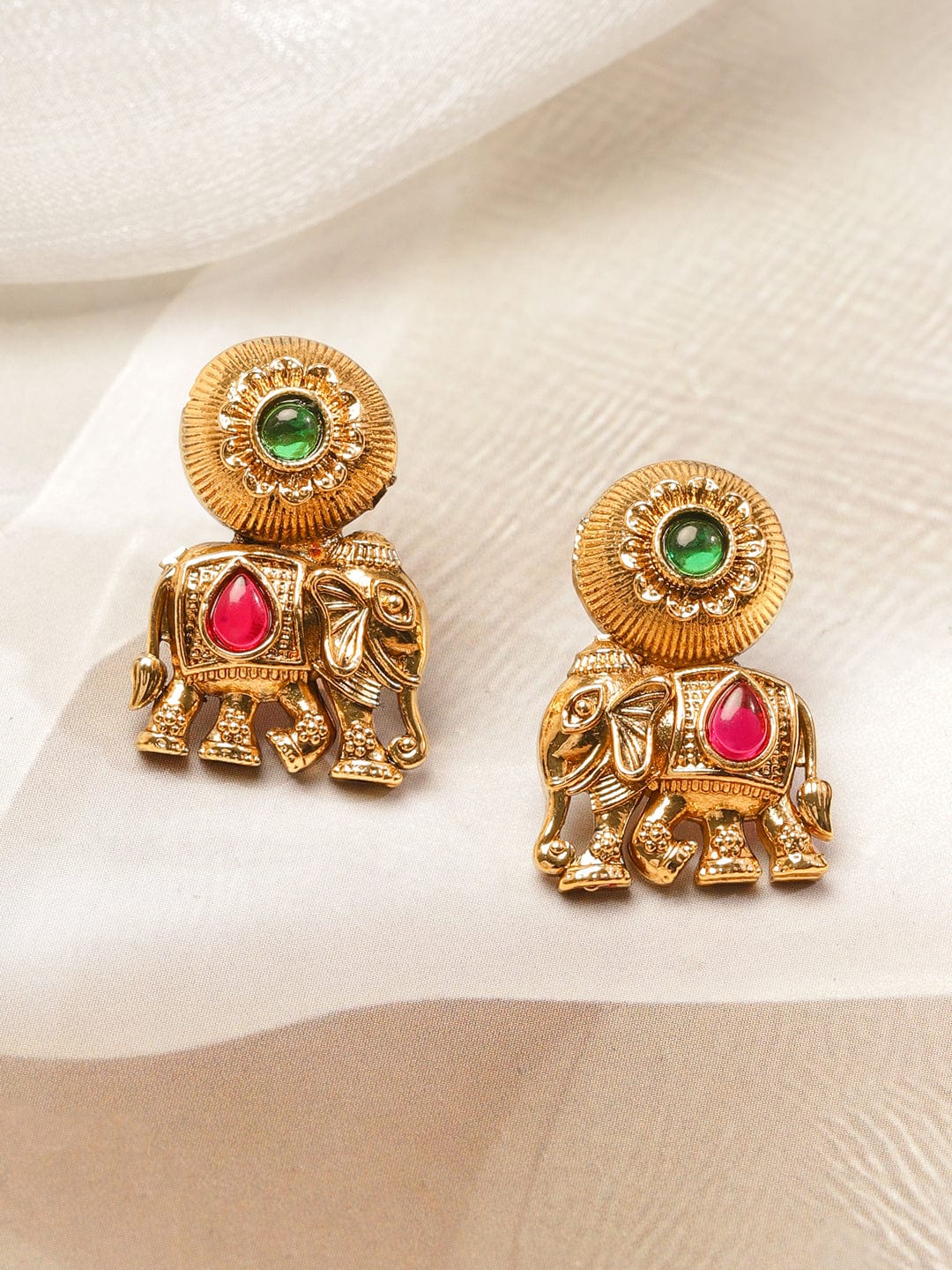 Pink & Green Studded Elephant Motif Necklace Set フリーサイズ