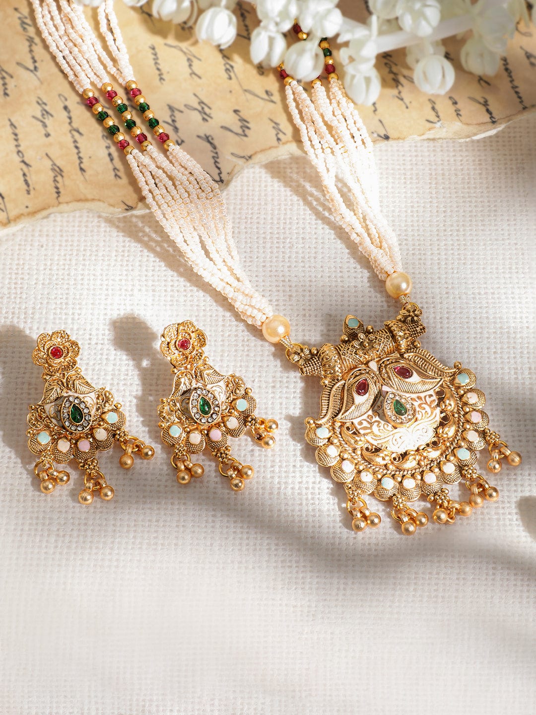 Multicolor Pearl Beaded Necklace Set Gold