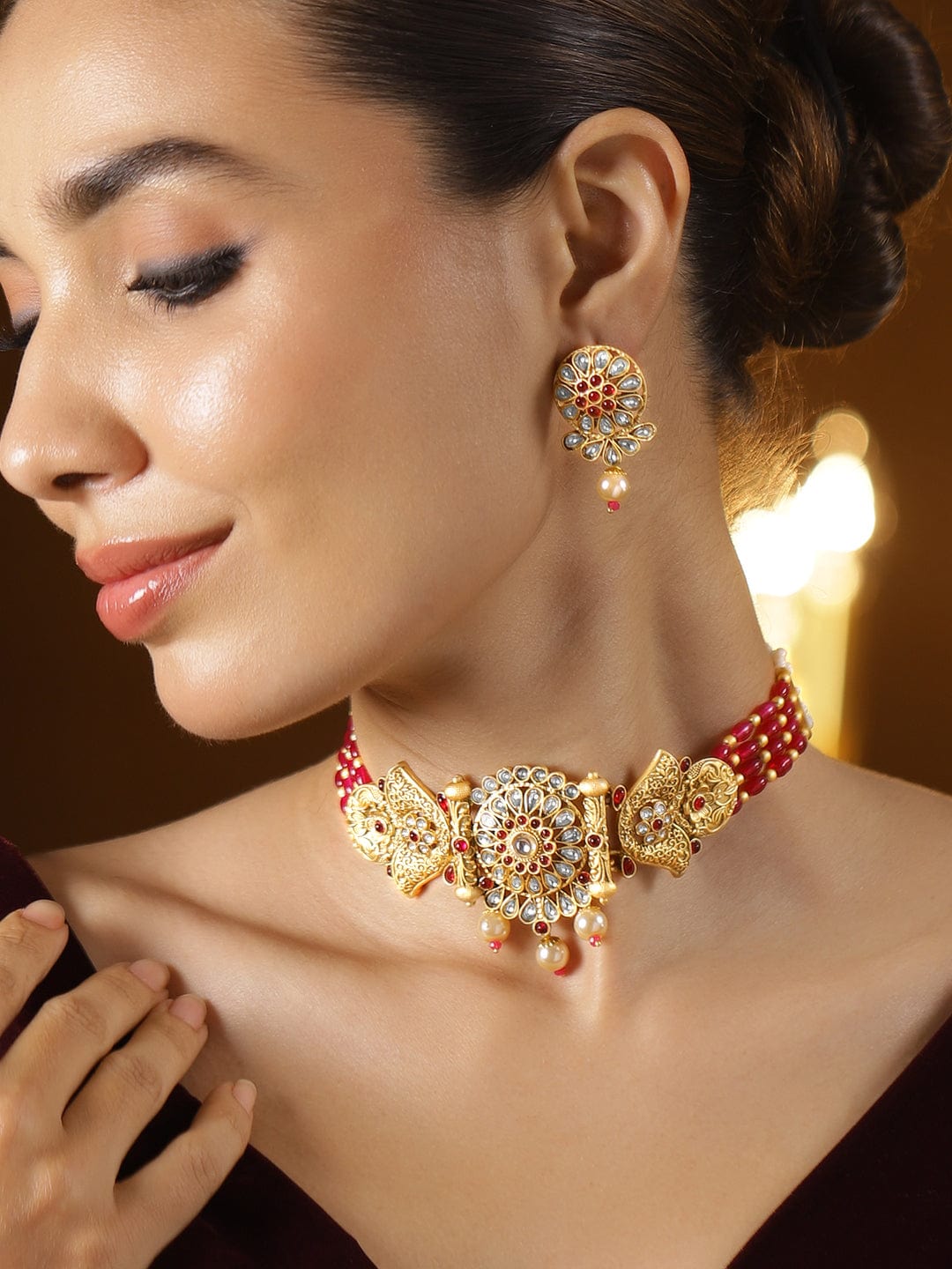 Golden choker Set with Ruby & Pearl Detailing Red