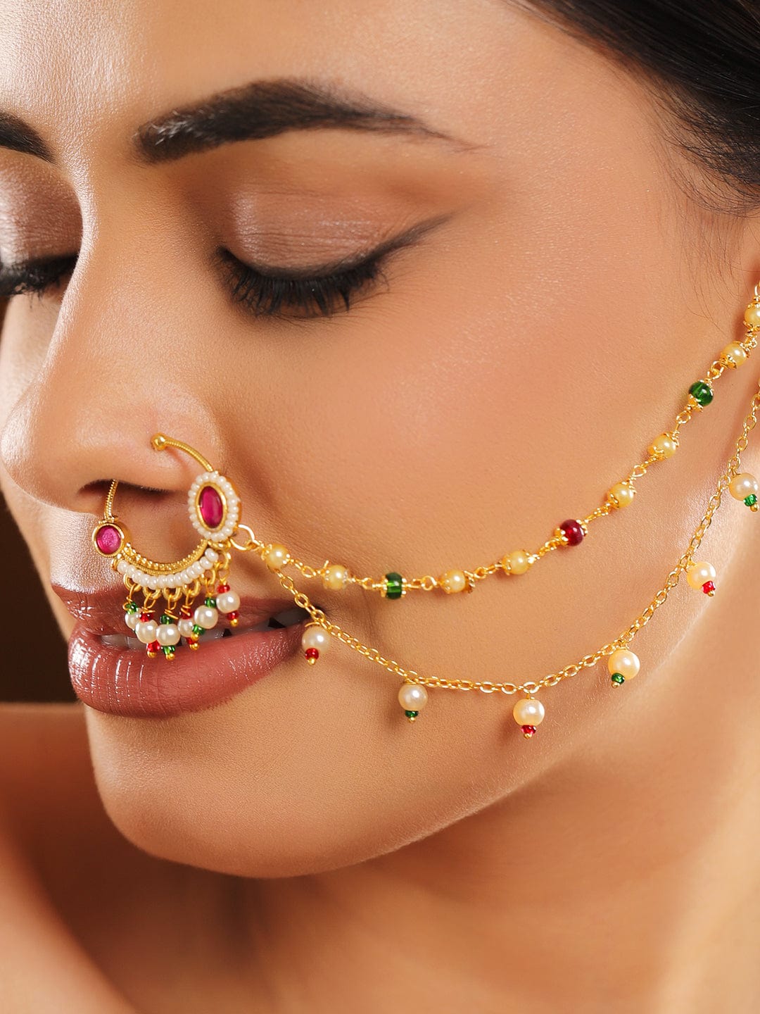 Rubans 18K Gold-Plated Ruby Kundan Studded Multi-Colour Pearl Bead Triple-Layer Chain Nath Nosepin フリーサイズ