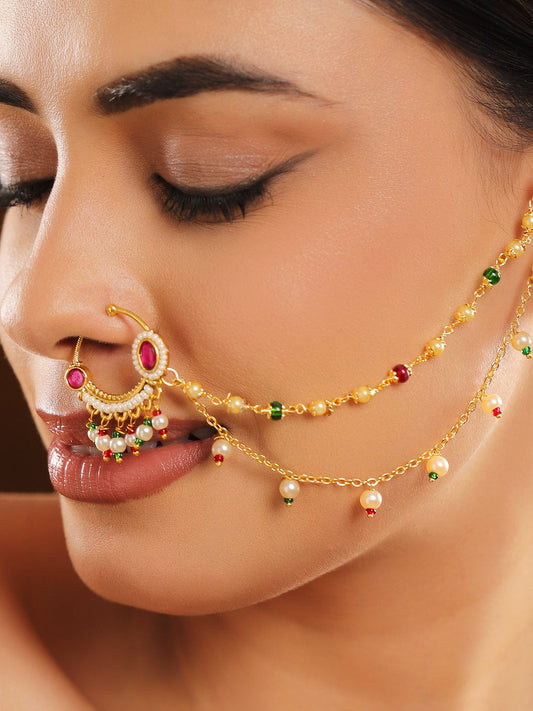 Rubans 18K Gold-Plated Ruby Kundan Studded Multi-Colour Pearl Bead Triple-Layer Chain Nath Nosepin フリーサイズ