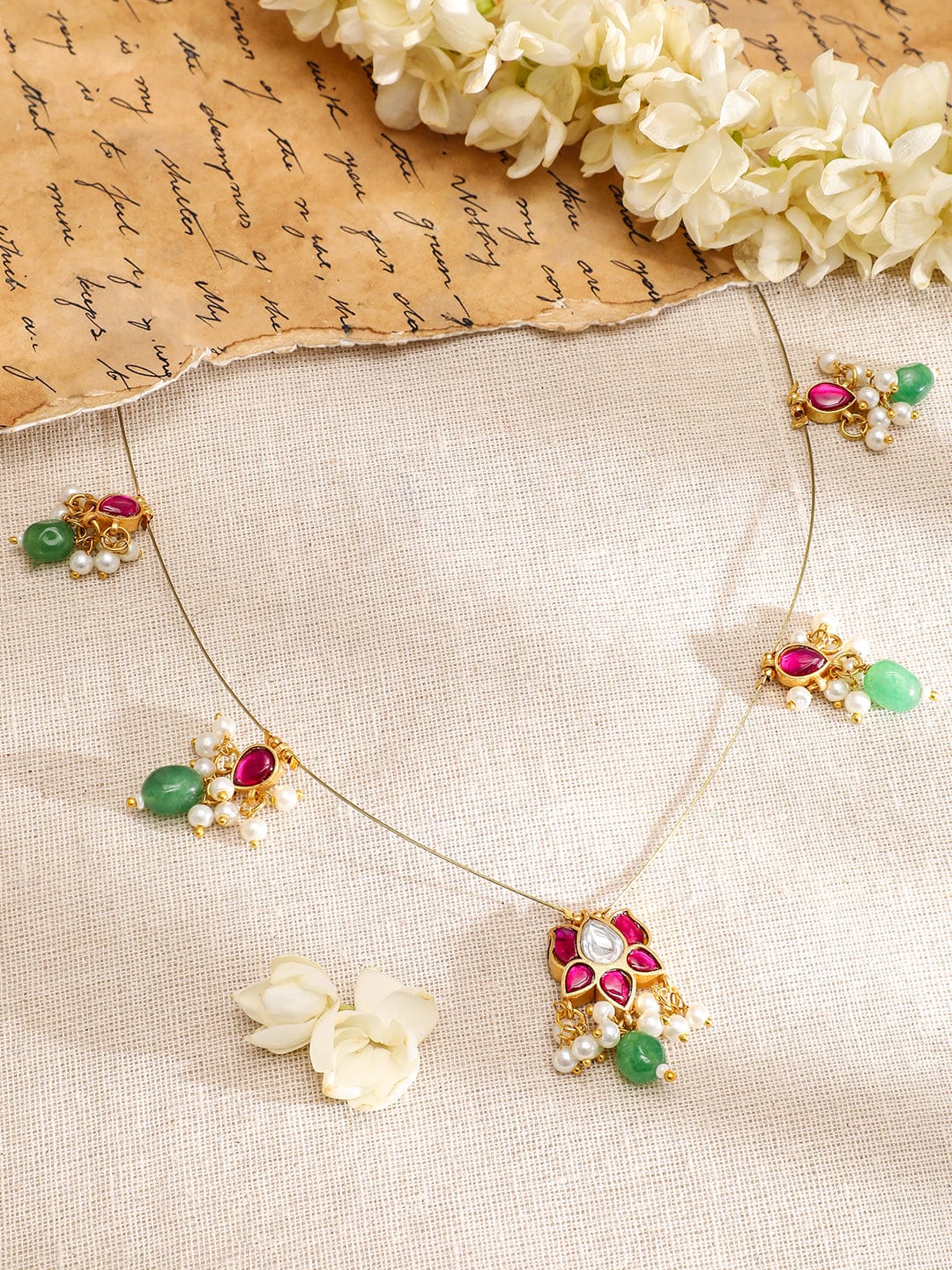 Floral Pink & Green Kundan Chain Necklace フリーサイズ
