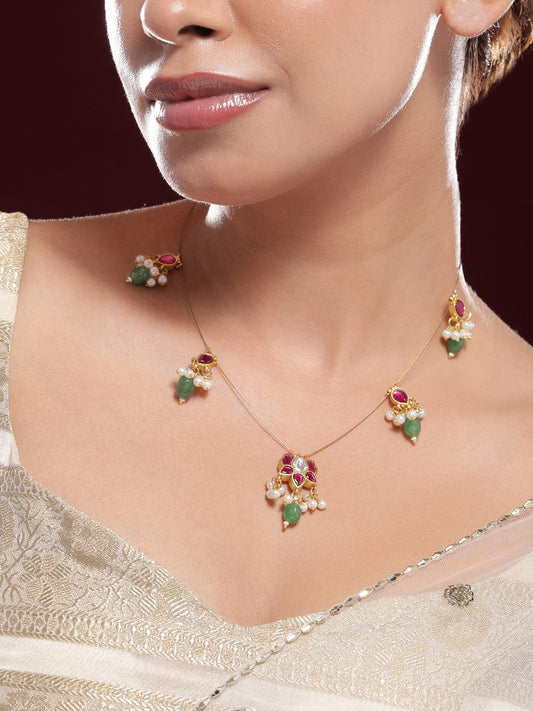 Floral Pink & Green Kundan Chain Necklace フリーサイズ