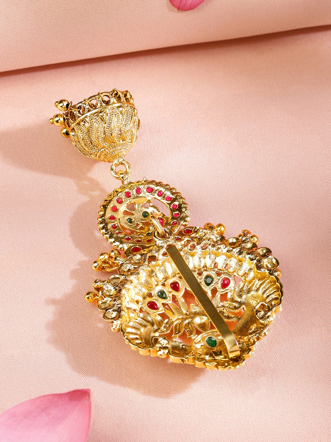 Rubans 18K Gold-Plated Ruby Pink & Emerald Green Stone Studded Temple Braid Hair Accessory with Jhumka Drop フリーサイズ