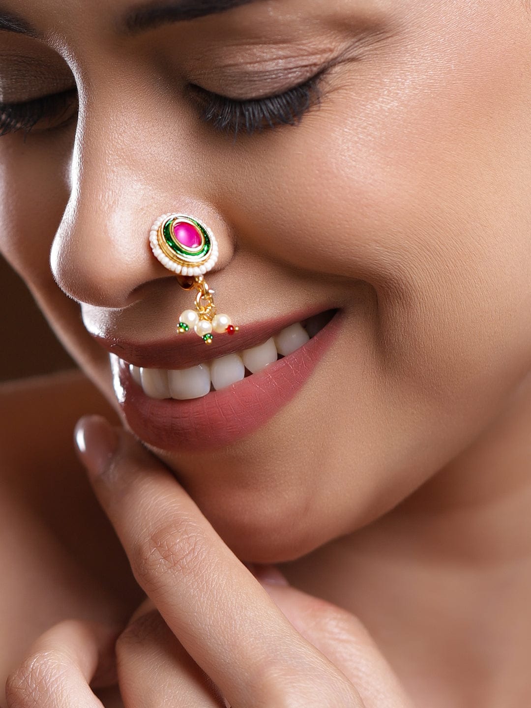 Pink & Green Pearl Drop Nose pin フリーサイズ