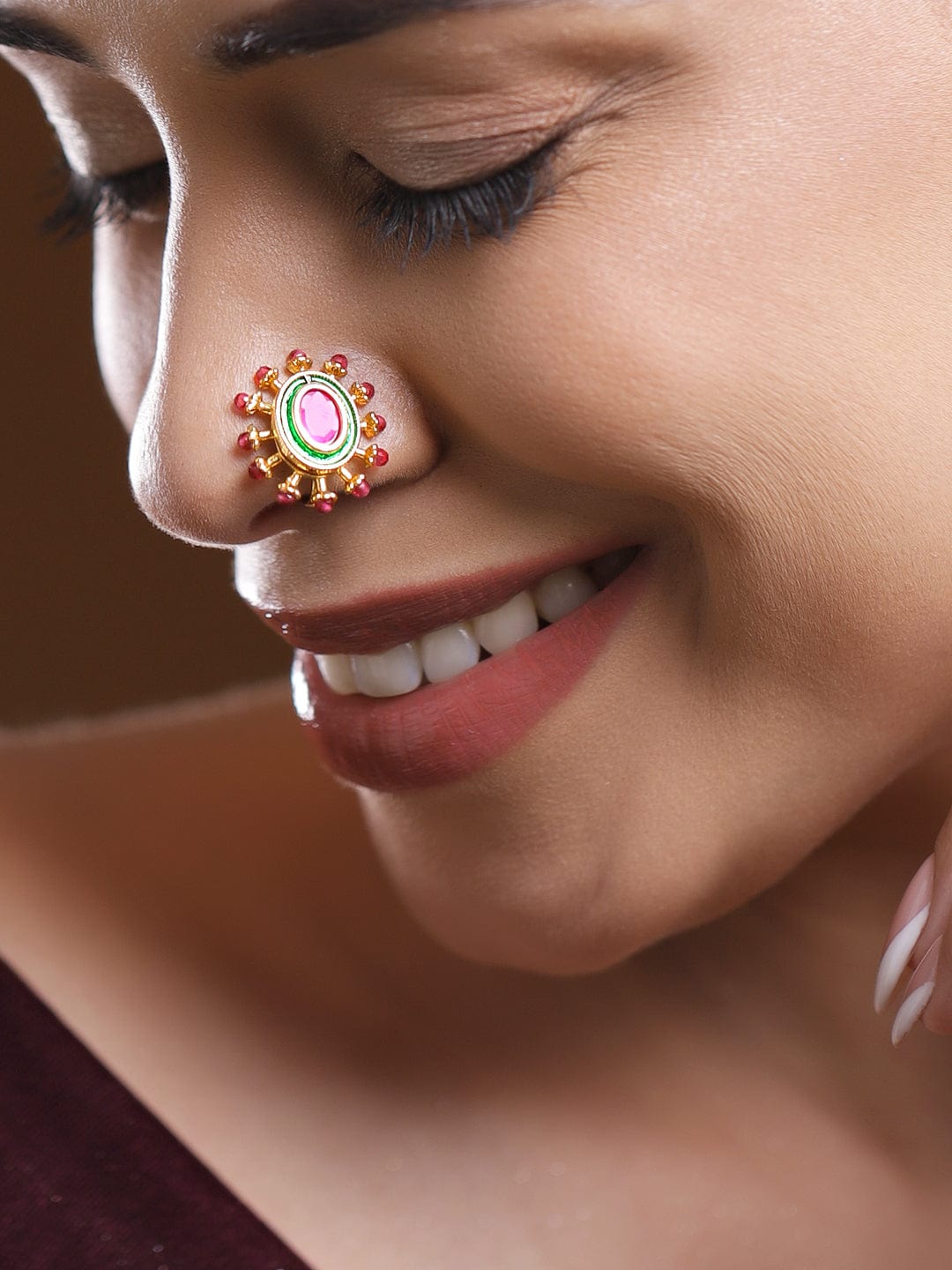 Rubans 18K Gold-Plated Ruby Pink Stone Studded Non-Pierced Clip-On Nath with Green Enamel フリーサイズ