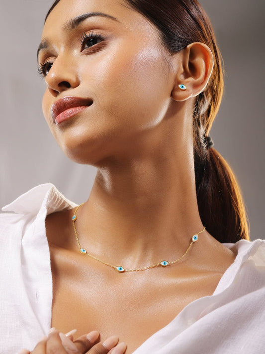 Evil Eye Motif Gold Necklace Set Blue