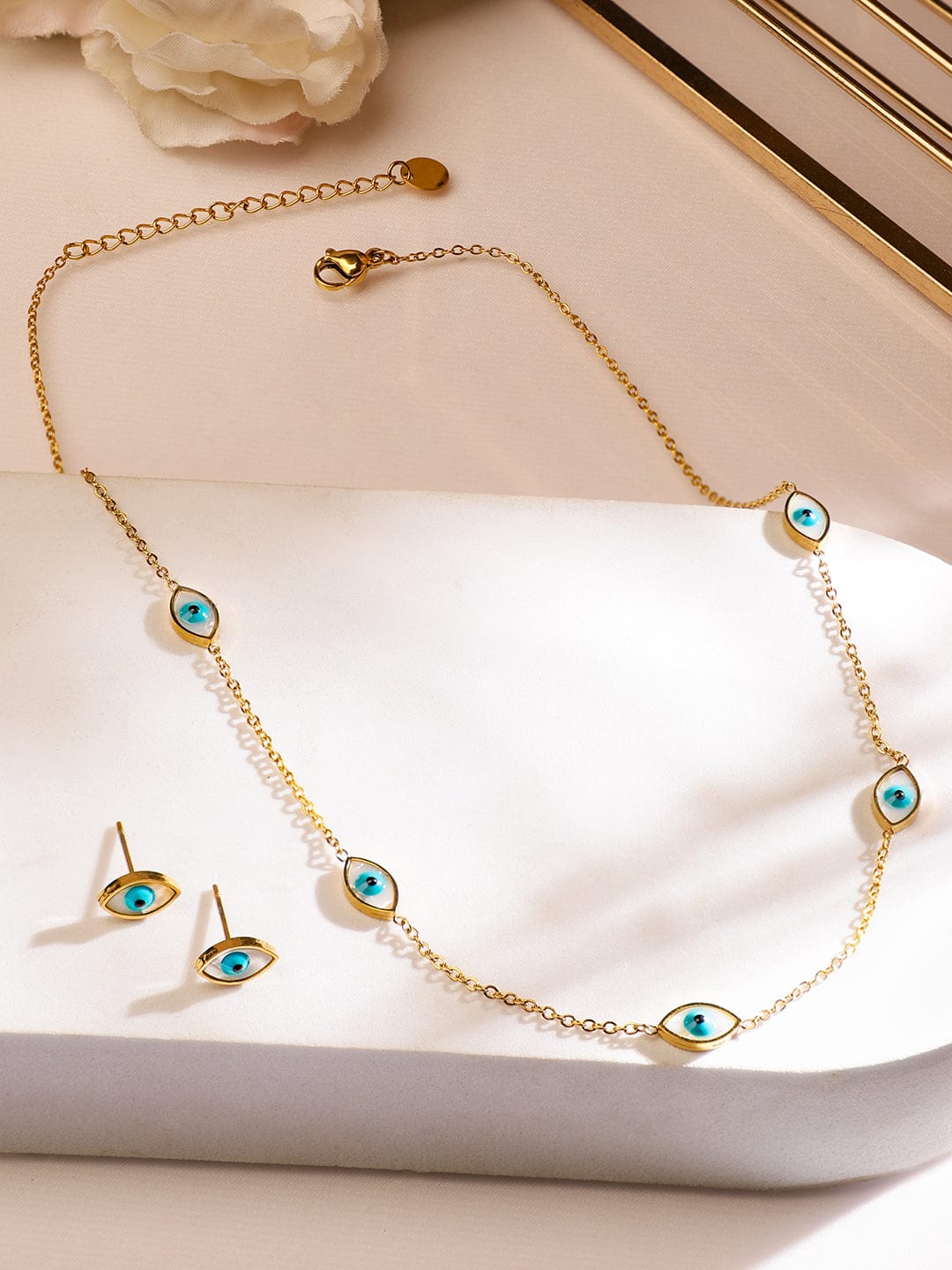 Evil Eye Motif Gold Necklace Set Blue