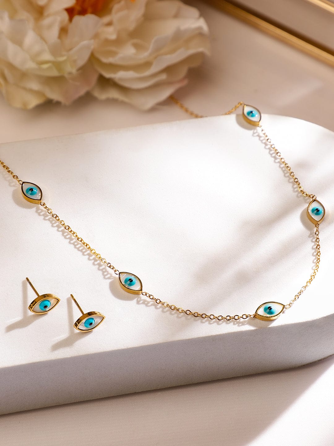 Evil Eye Motif Gold Necklace Set Blue