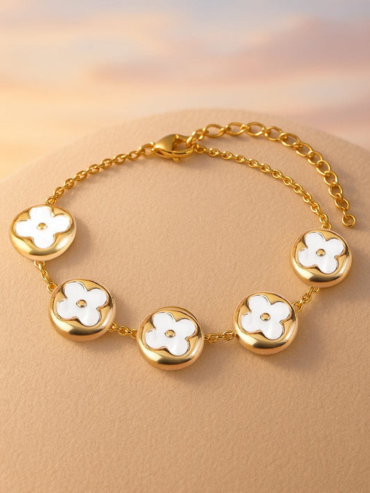 Rubans 18K Gold-Plated Stainless Steel Tarnish-Free Waterproof White Clover Charm Bracelet Gold