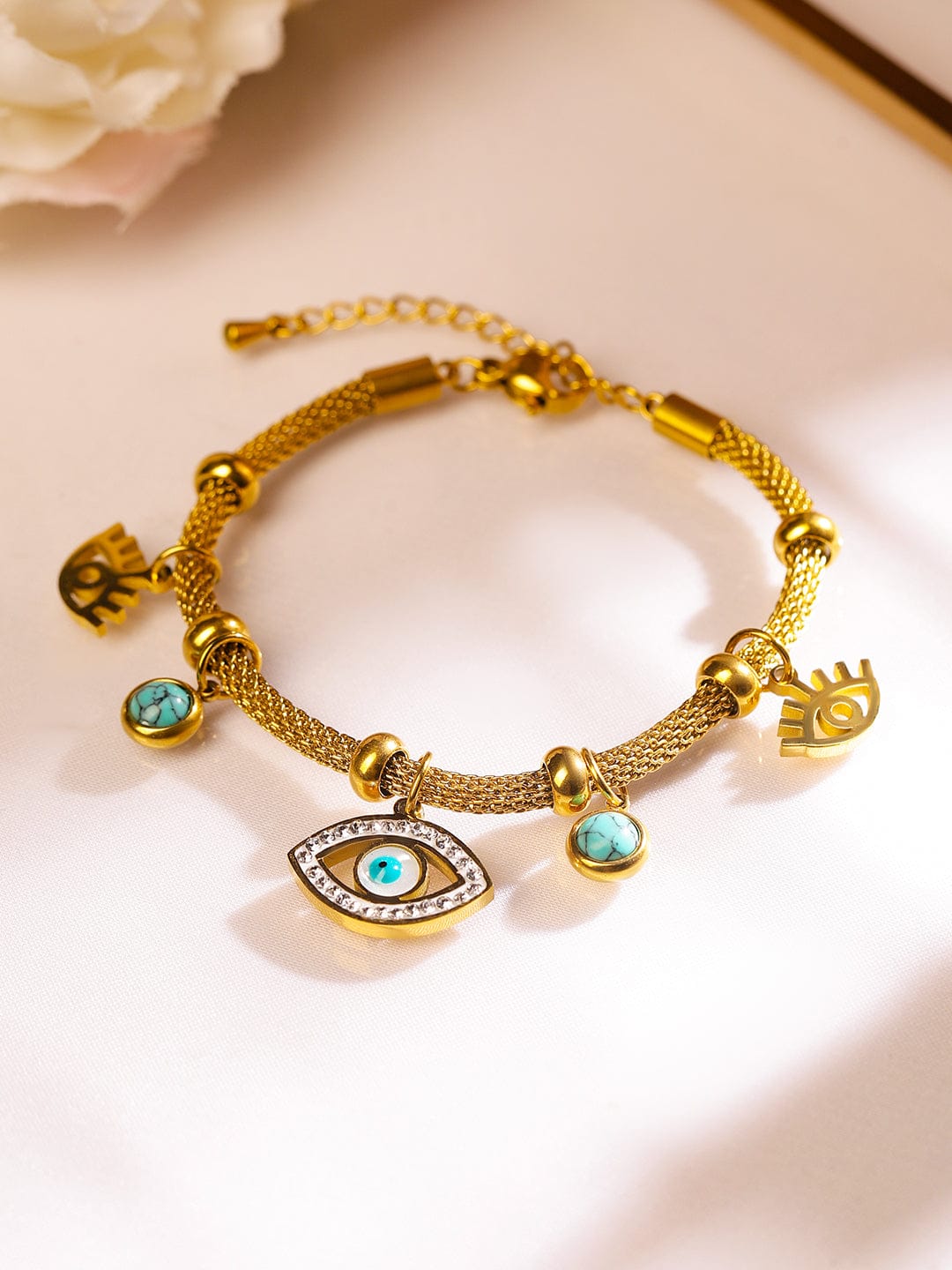 Rubans 18K Gold-Plated Stainless Steel TarnishFree Waterproof Evil Eye Charm Mesh Bracelet Gold