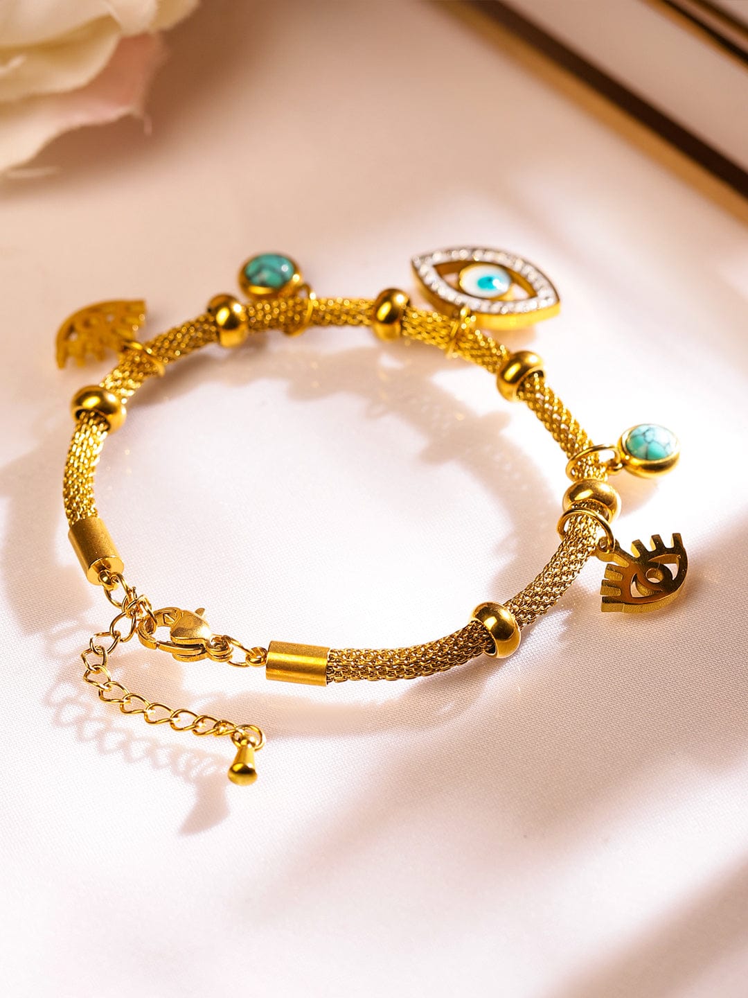 Rubans 18K Gold-Plated Stainless Steel TarnishFree Waterproof Evil Eye Charm Mesh Bracelet Gold