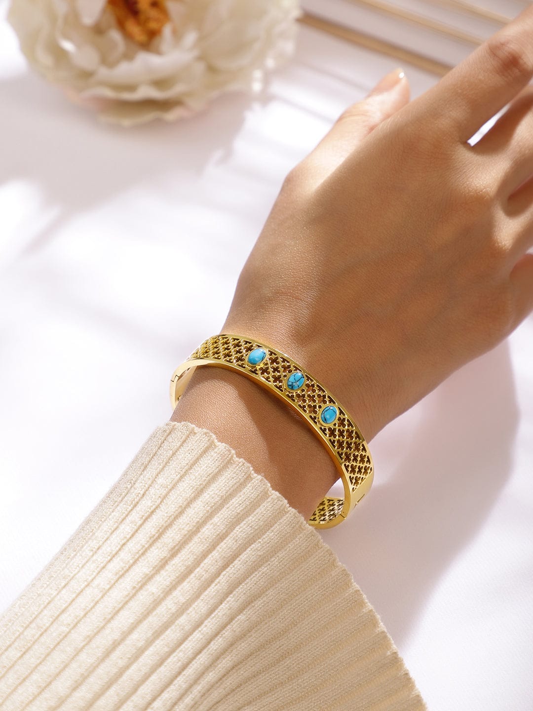 Rubans 18K Gold-Plated Stainless Steel TarnishFree Waterproof Filigree Blue Stone Bracelet Gold