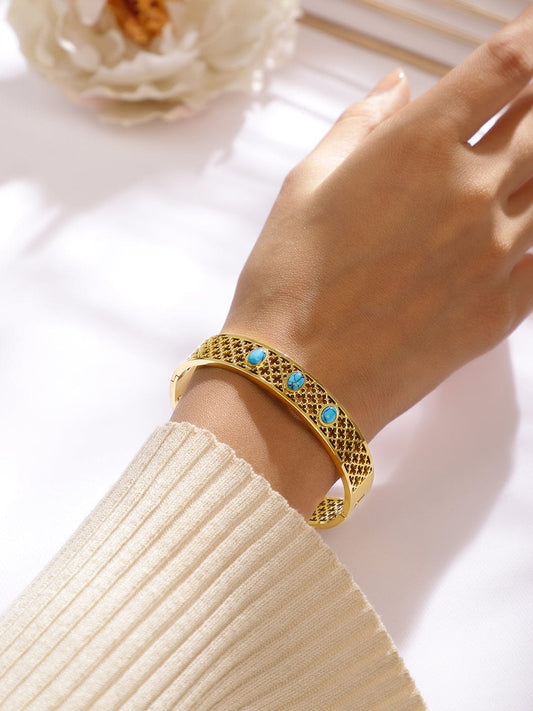 Rubans 18K Gold-Plated Stainless Steel TarnishFree Waterproof Filigree Blue Stone Bracelet Gold