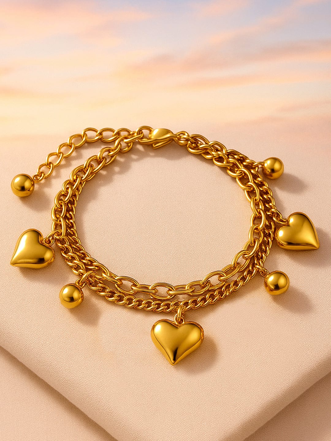 Gold Beaded Heart Motif Bracelet Gold