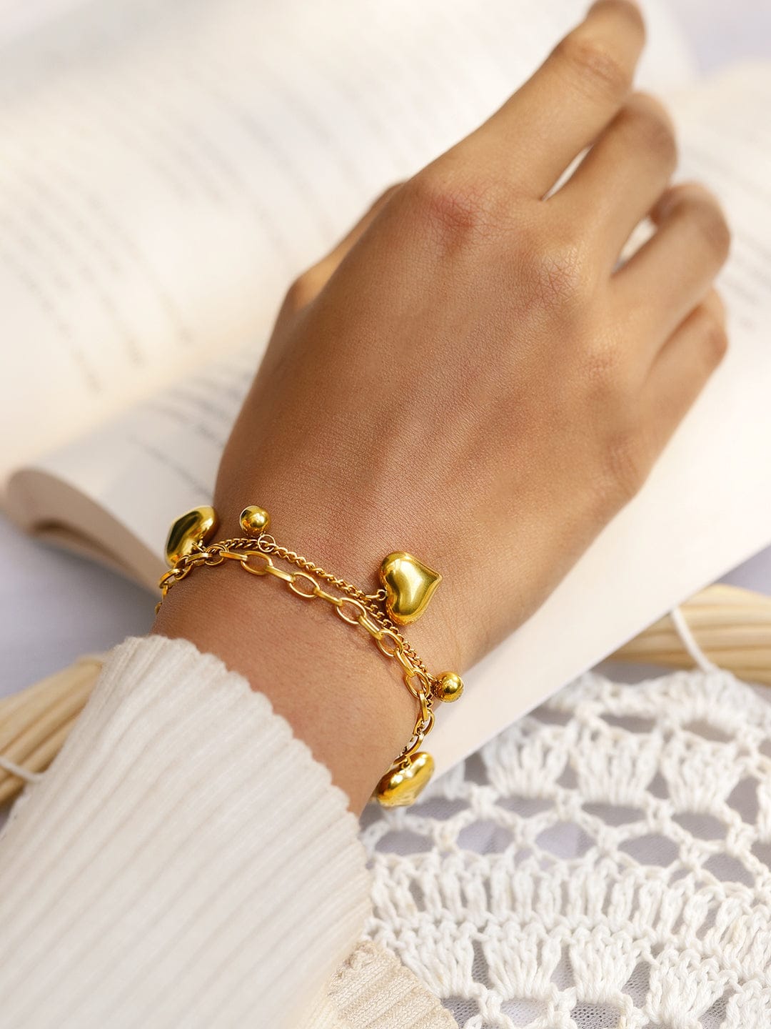 Gold Beaded Heart Motif Bracelet Gold