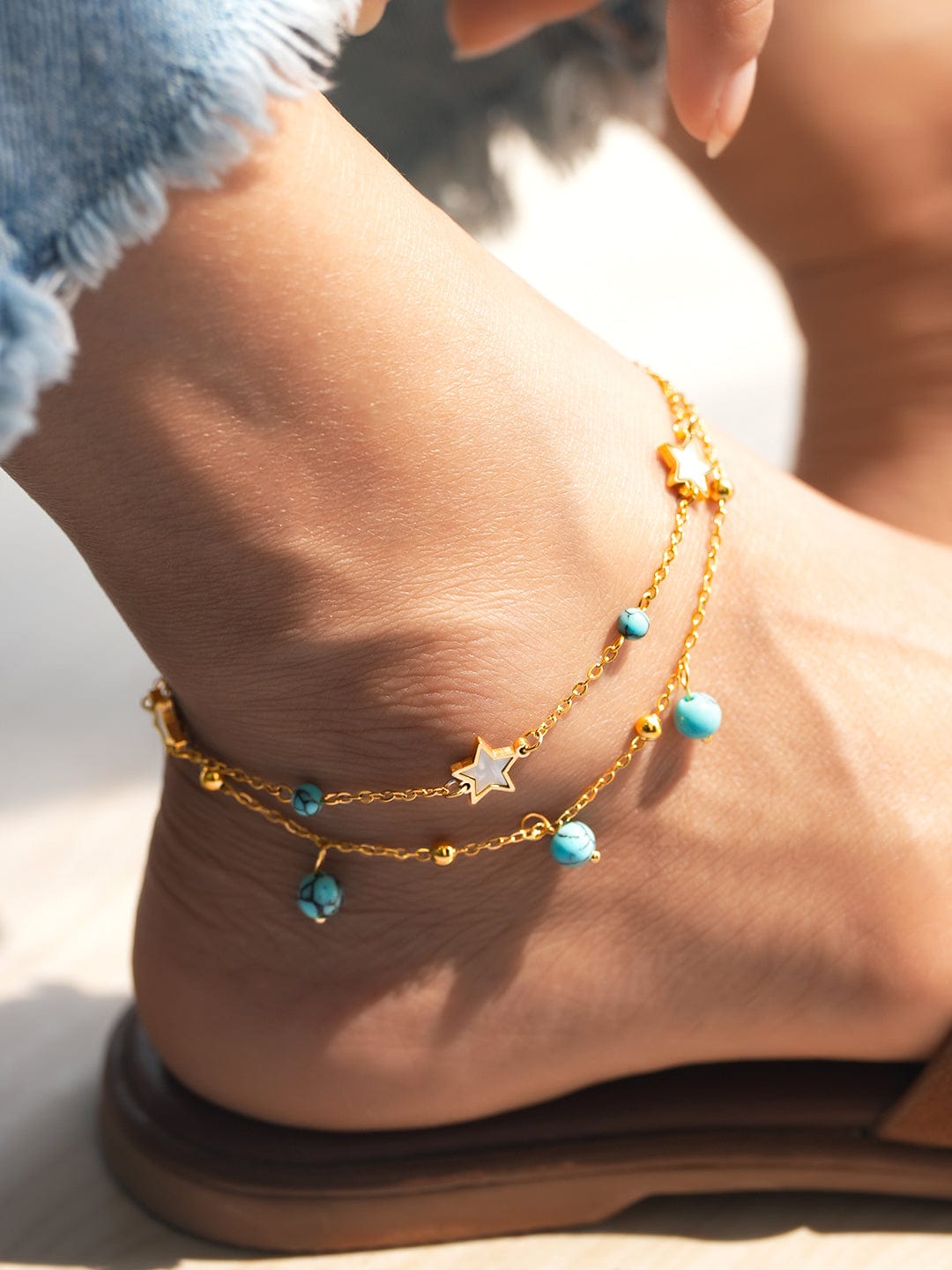 Rubans 18K Gold-Plated StainlessSteel TarnishFree Waterproof Turquoise Beads & Star Anklet Turquoise
