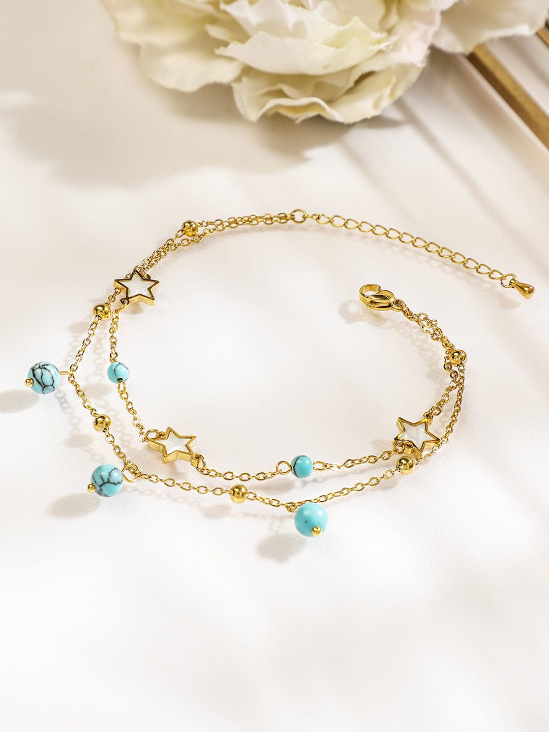 Rubans 18K Gold-Plated StainlessSteel TarnishFree Waterproof Turquoise Beads & Star Anklet Turquoise