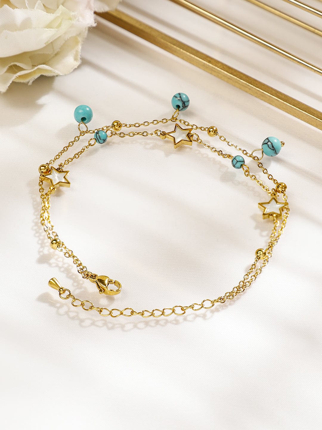 Rubans 18K Gold-Plated StainlessSteel TarnishFree Waterproof Turquoise Beads & Star Anklet Turquoise