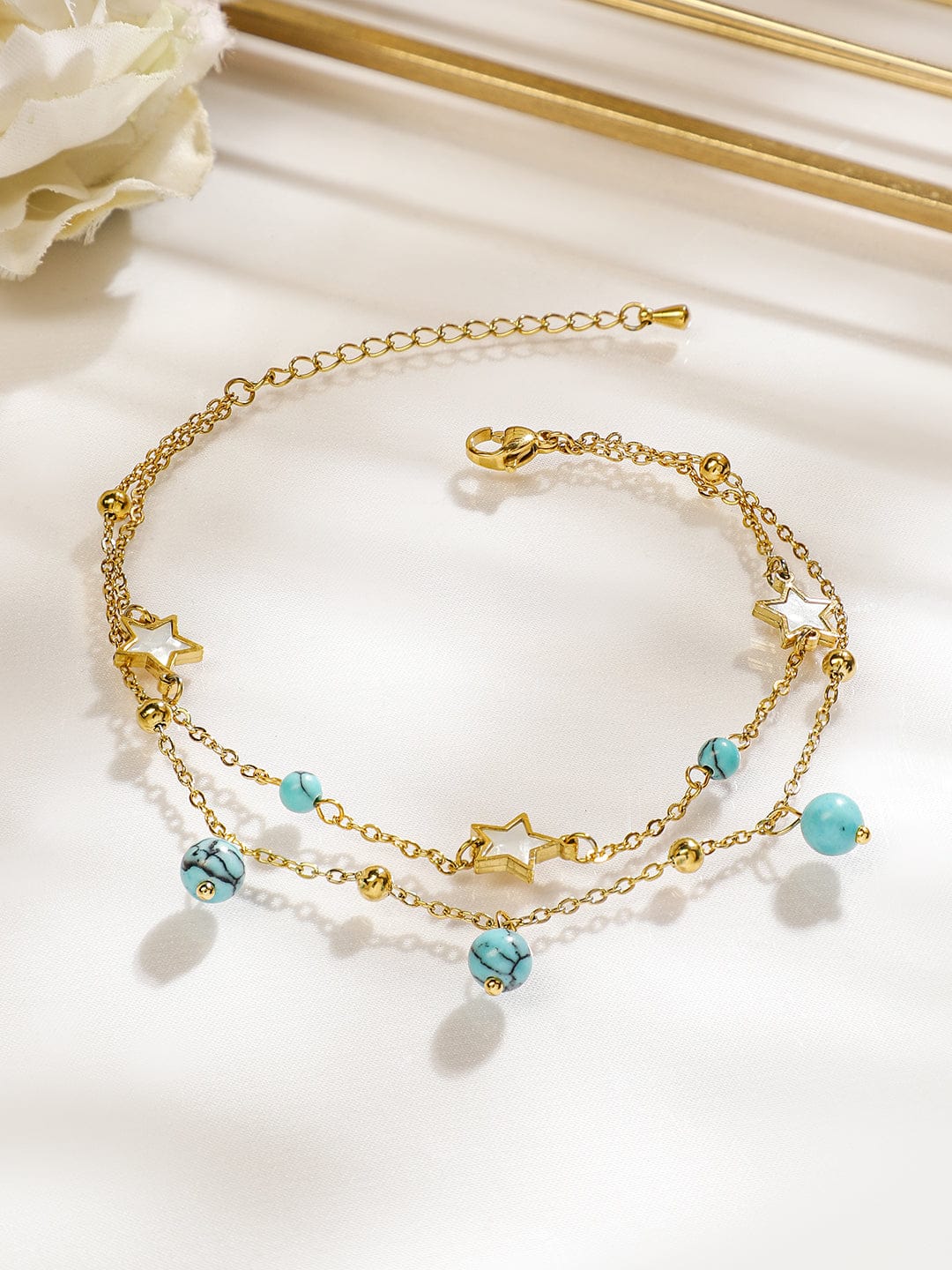 Rubans 18K Gold-Plated StainlessSteel TarnishFree Waterproof Turquoise Beads & Star Anklet Turquoise