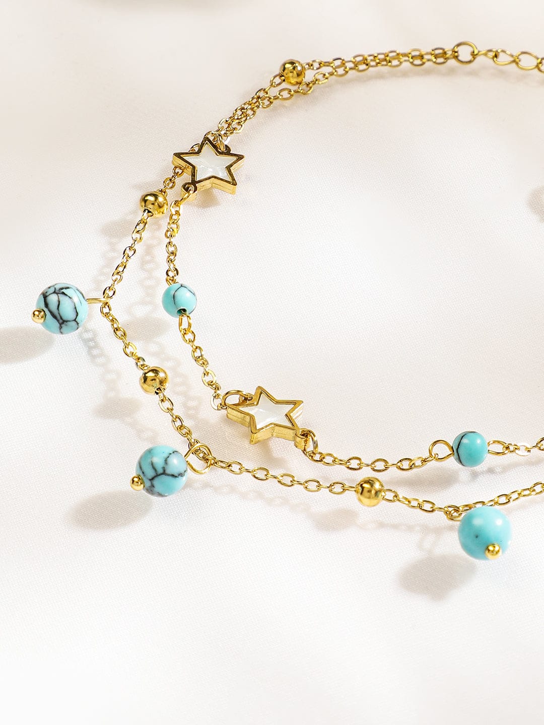 Rubans 18K Gold-Plated StainlessSteel TarnishFree Waterproof Turquoise Beads & Star Anklet Turquoise