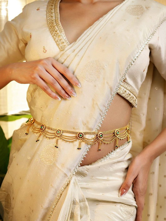 Rubans 18K Gold-Plated Waist Chain with Ruby and Emerald Accents Saree Accessories Ruby & Green