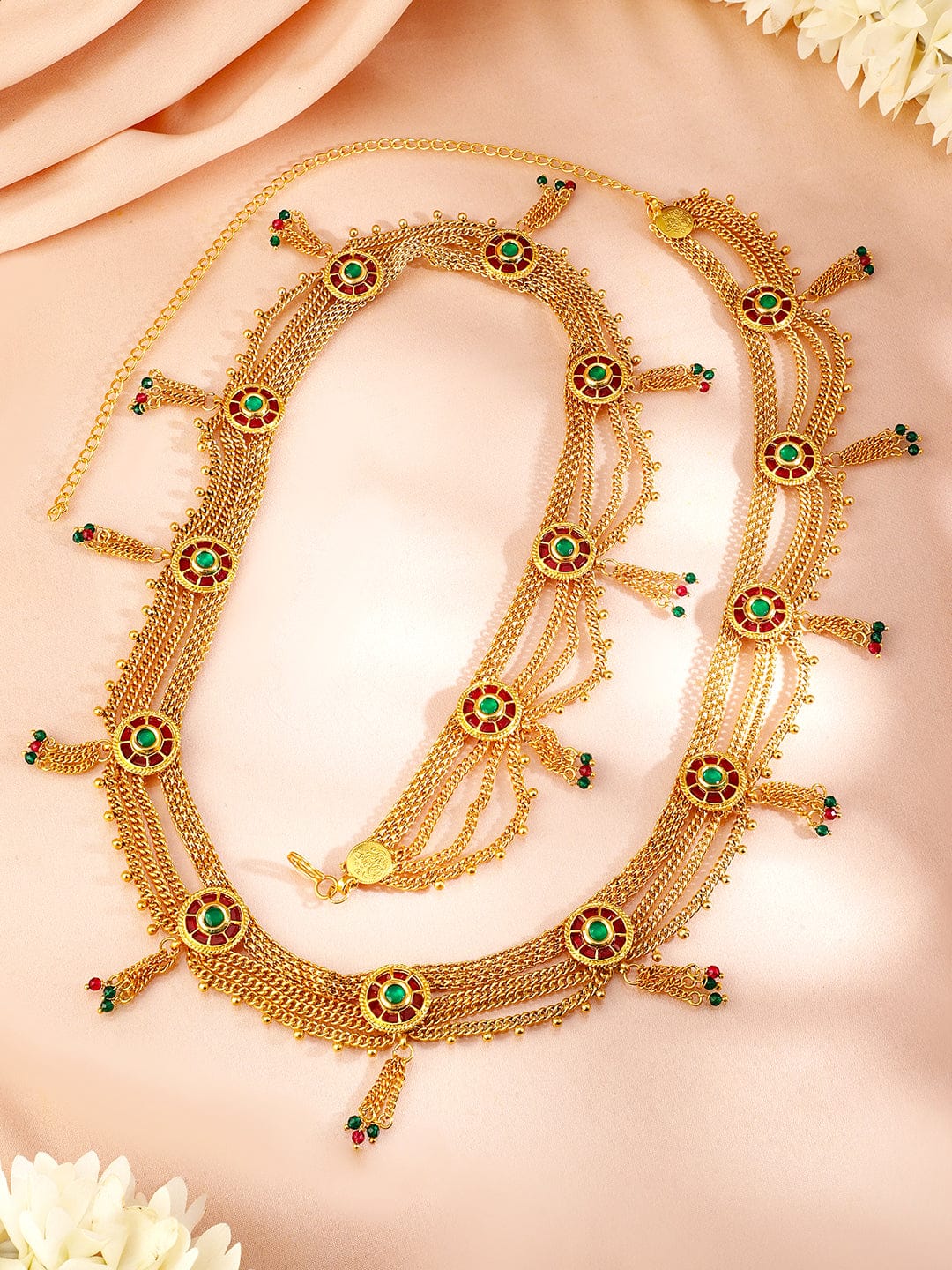 Rubans 18K Gold-Plated Waist Chain with Ruby and Emerald Accents Saree Accessories Ruby & Green
