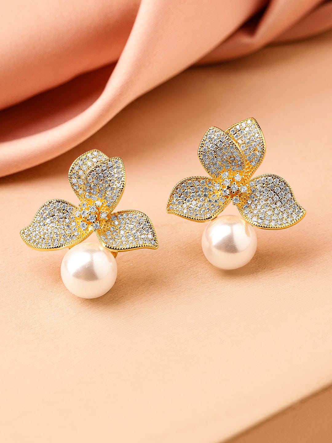 Sculpted Elegance Floral American Diamond Zirconia Pearl Drop Gold