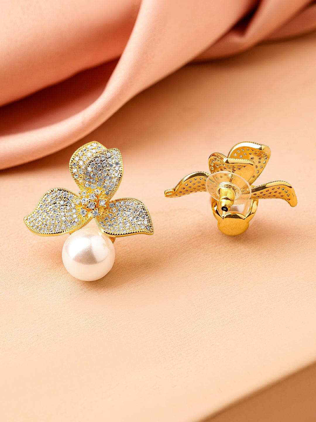 Sculpted Elegance Floral American Diamond Zirconia Pearl Drop Gold