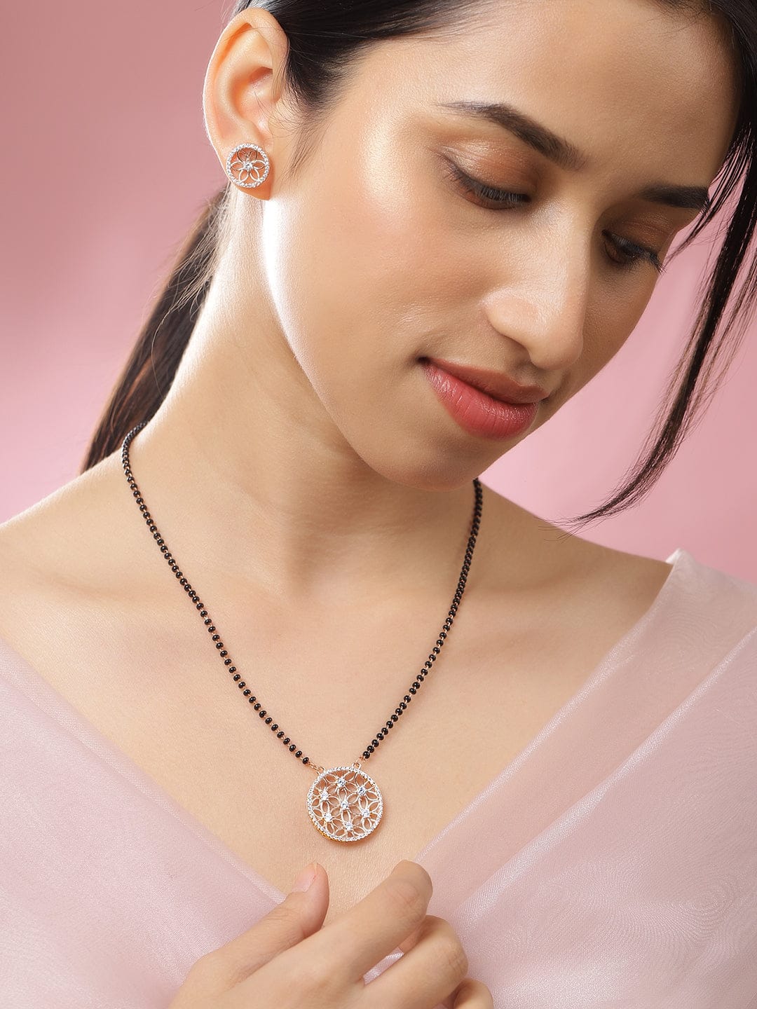 American Diamond Zirconia Gold Floral Pendant Mangalsutra Set Gold
