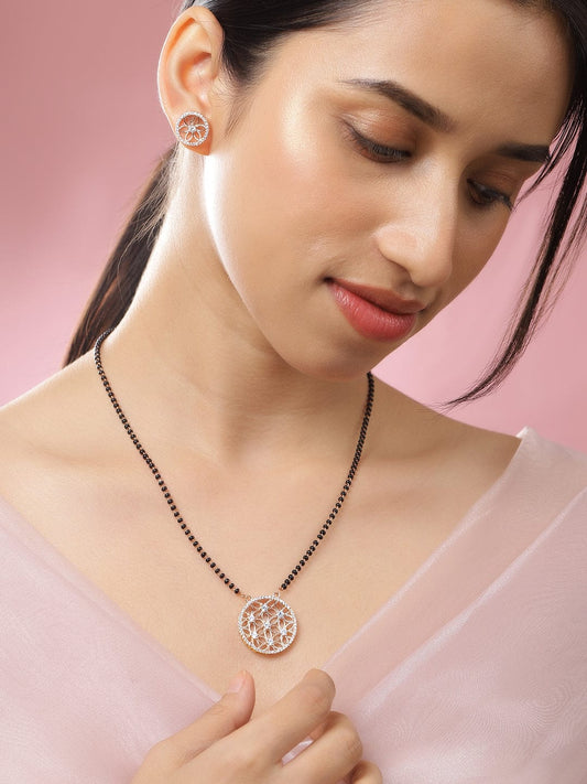 American Diamond Zirconia Gold Floral Pendant Mangalsutra Set Gold